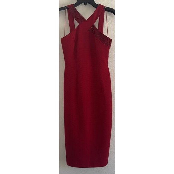 Adrianna Papell Womens Cocktail Dress Beaded Halter Knee Length Lined 4 Red New - Picture 4 of 11